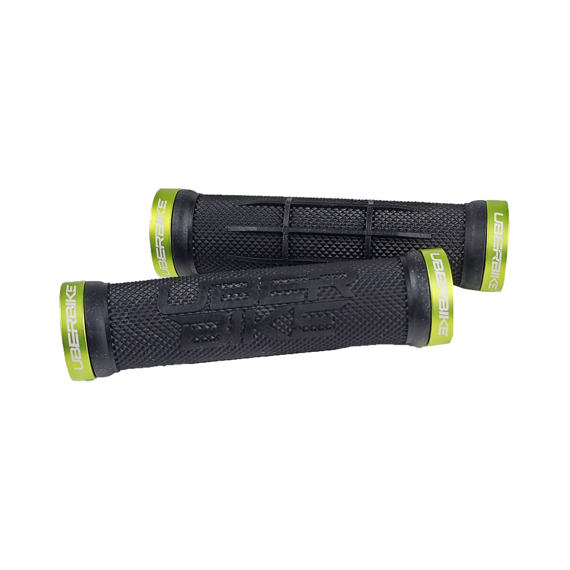 2 black half waffle grip mountain bike grips with uberbike branding and green lockrings on a white background