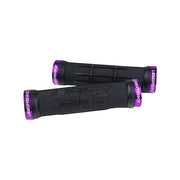 2 black half waffle grip mountain bike grips with uberbike branding and purple lockrings on a white background
