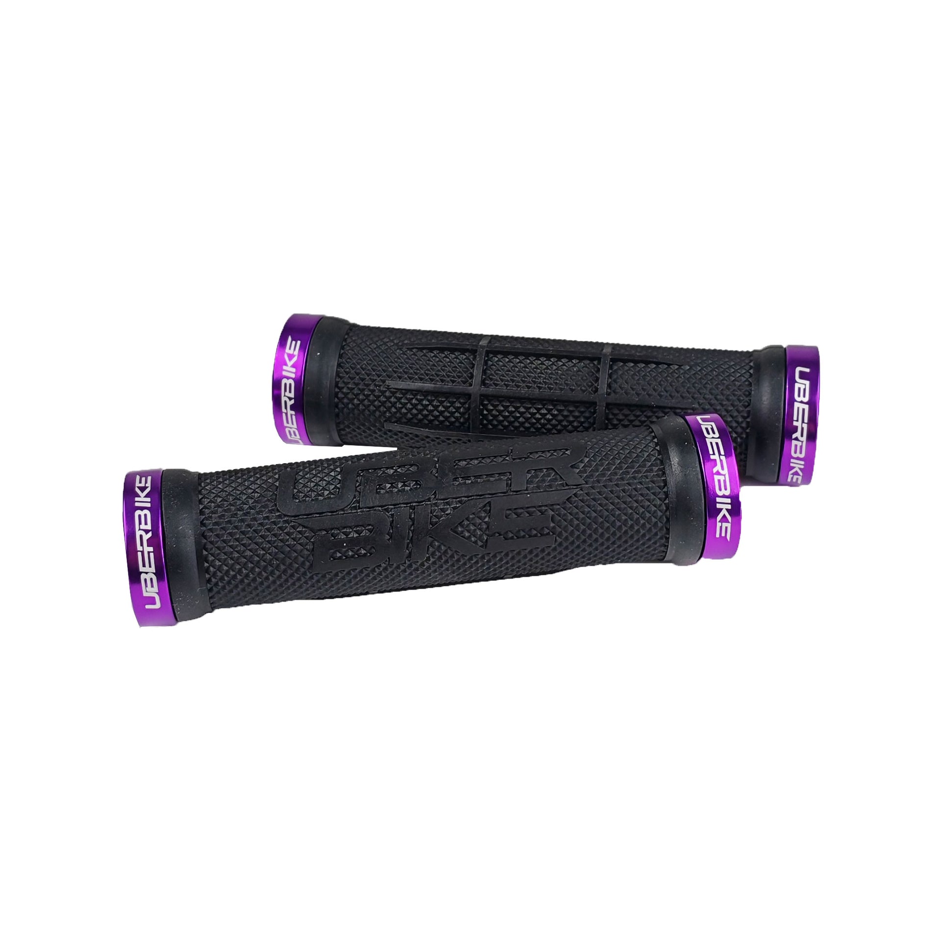 2 black half waffle grip mountain bike grips with uberbike branding and purple lockrings on a white background