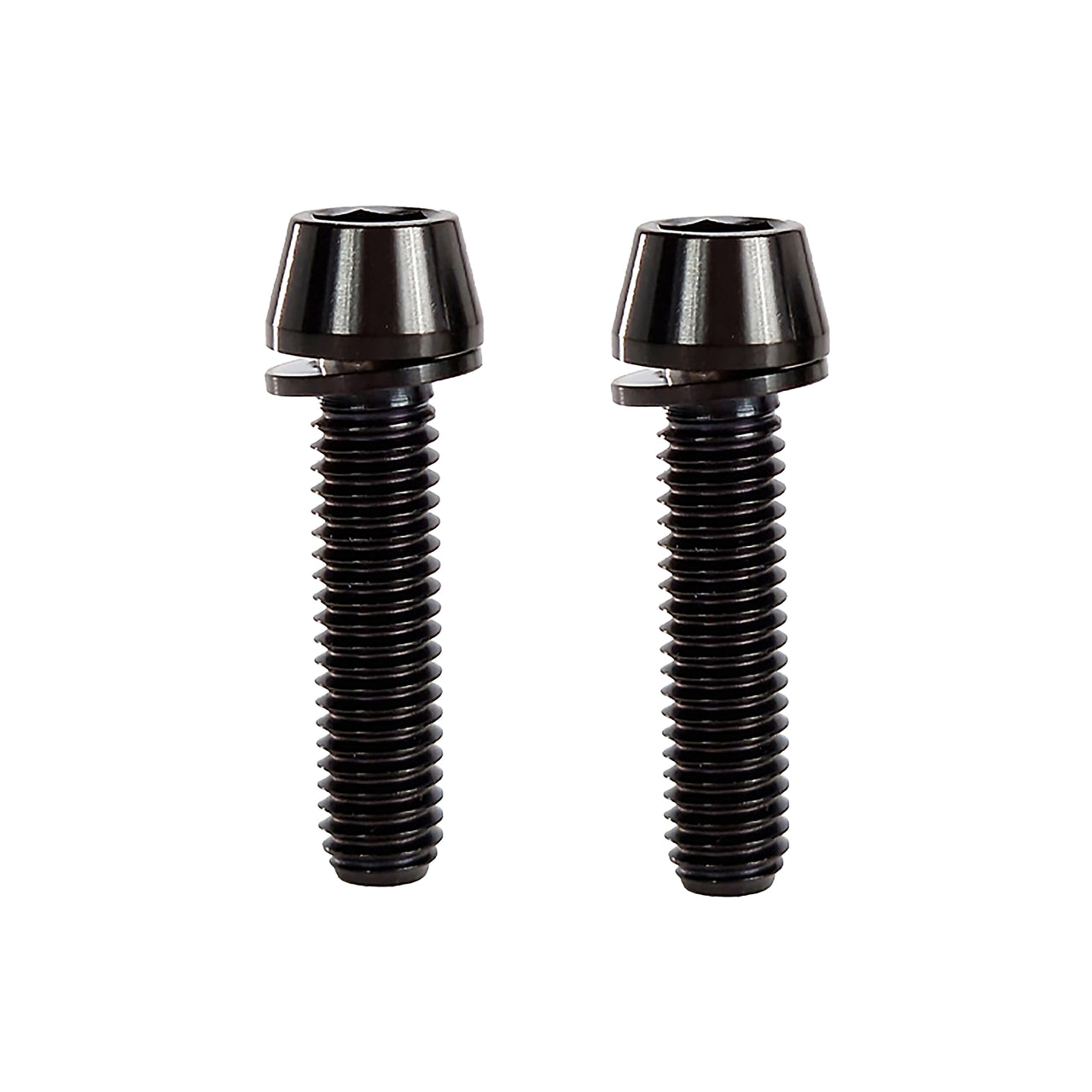 2 black m6x25 taperhead  titanium bolts on a white background