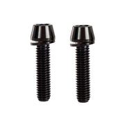 2 black m6x25 taperhead  titanium bolts on a white background