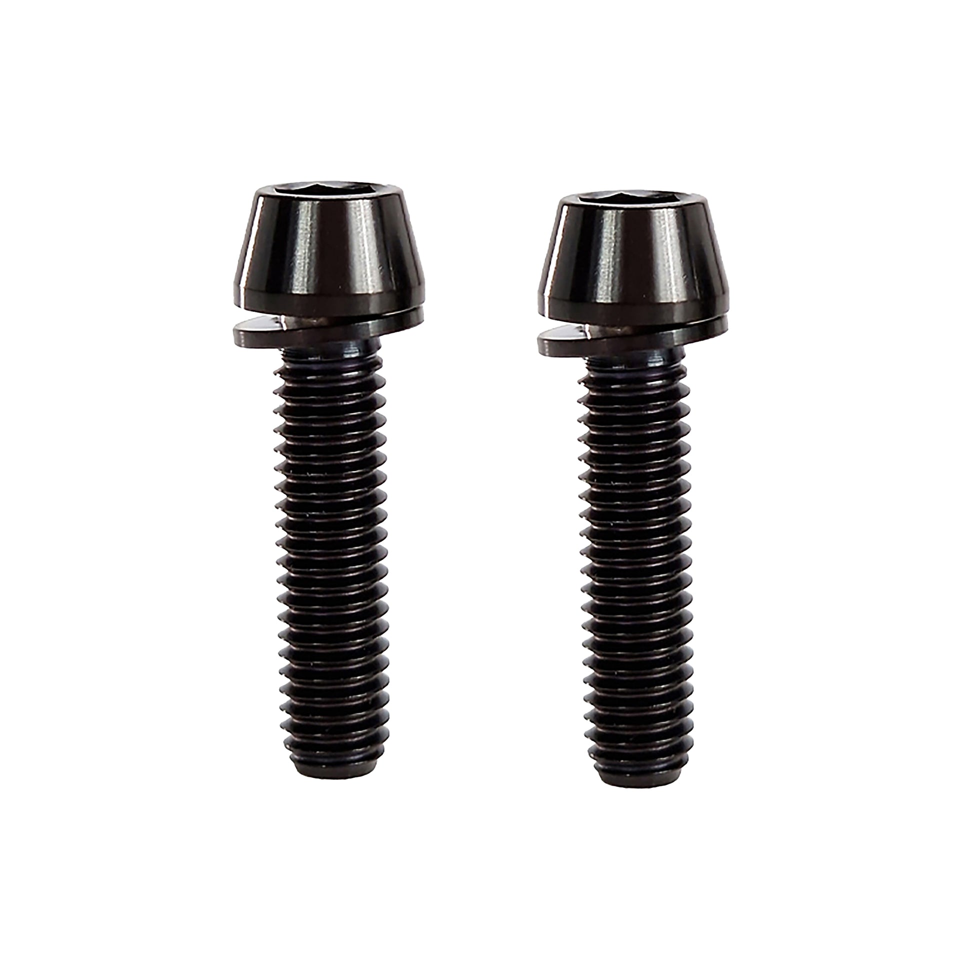 2 black m6x25 taperhead  titanium bolts on a white background