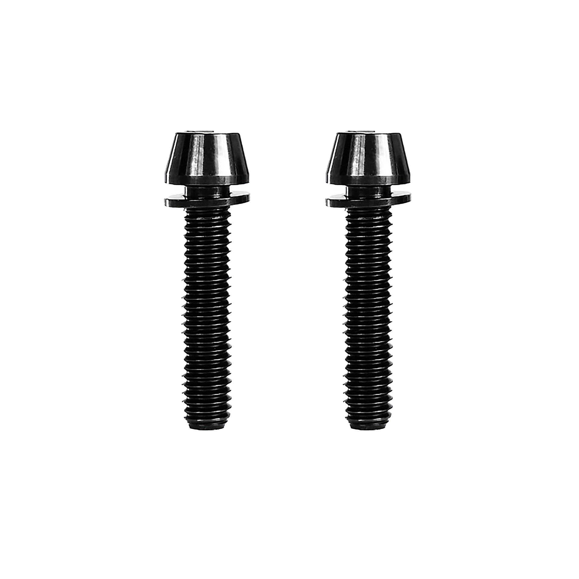 2 black m6x28mm taperhead titanium bolts on a white background