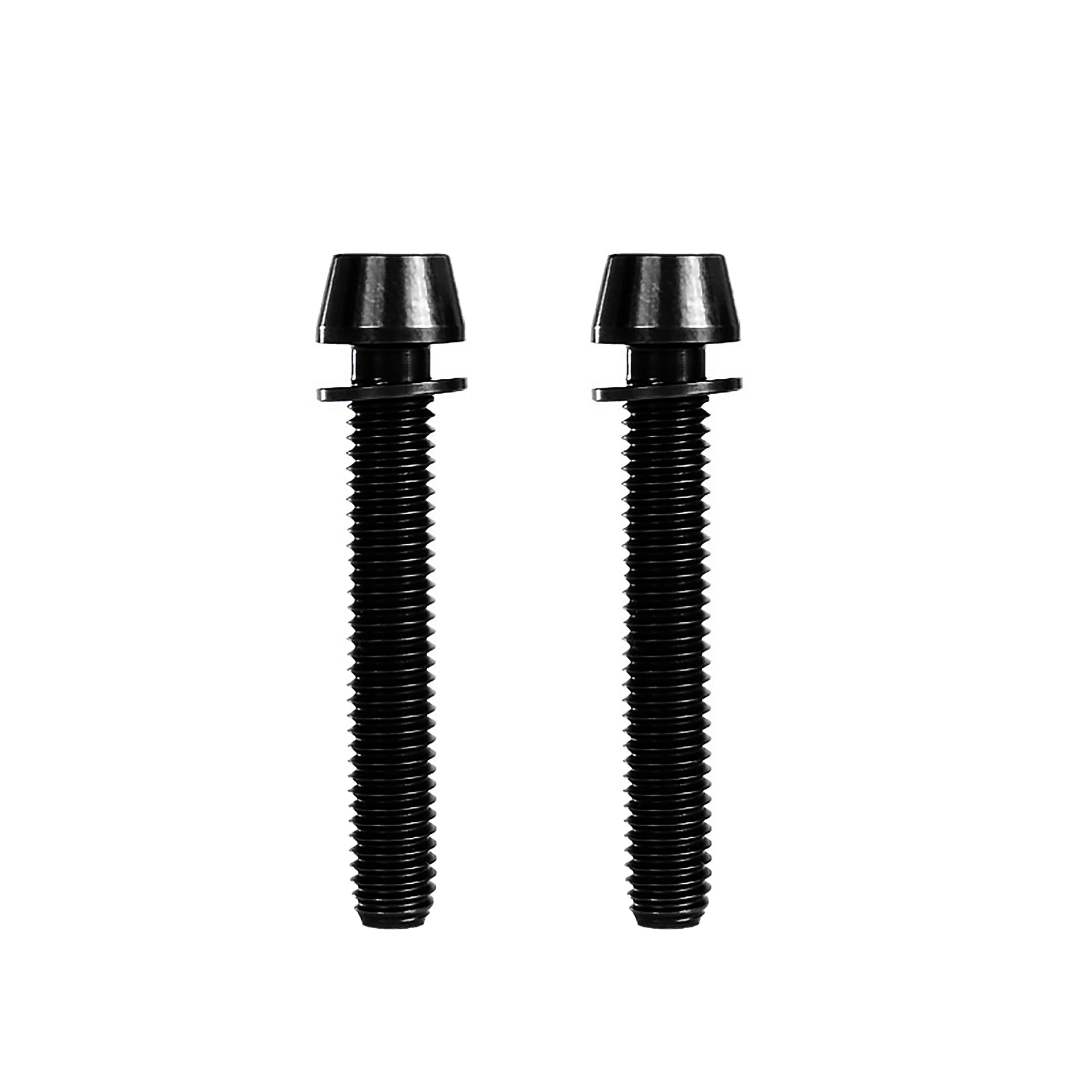 2 black m6x42 taperhead  titanium bolts on a white background