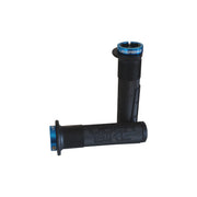 2 black mushroom mountain bike grips with blue lockrings and uberbike branding on a white background