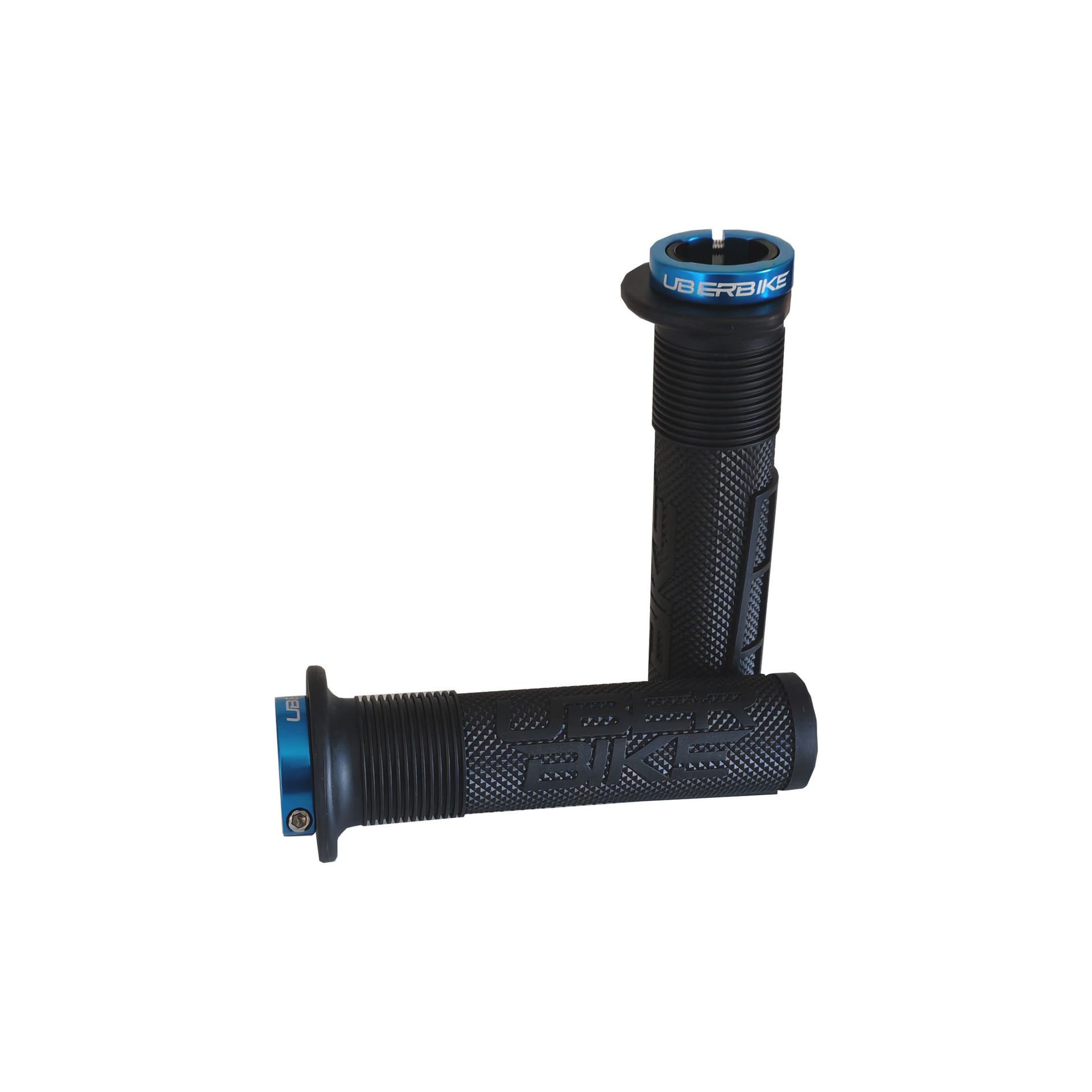 2 black mushroom mountain bike grips with blue lockrings and uberbike branding on a white background