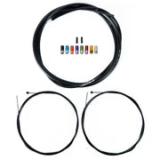 Black road gear cable kit with sealed ferrules, end caps and gear inner wire on a white background