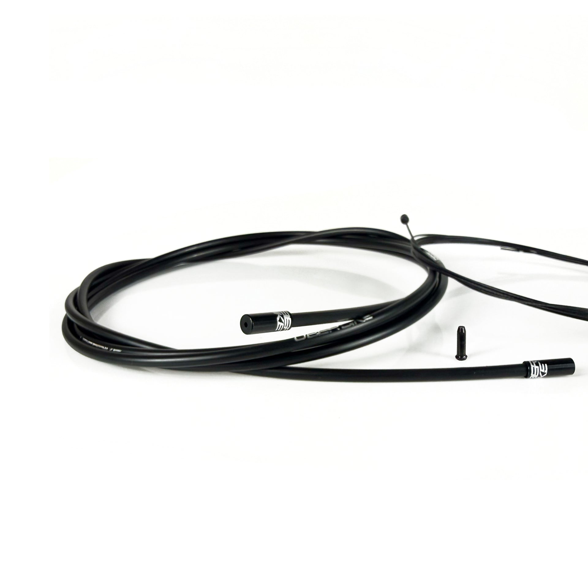 black road gear cable with black sealed ferrules on a white background