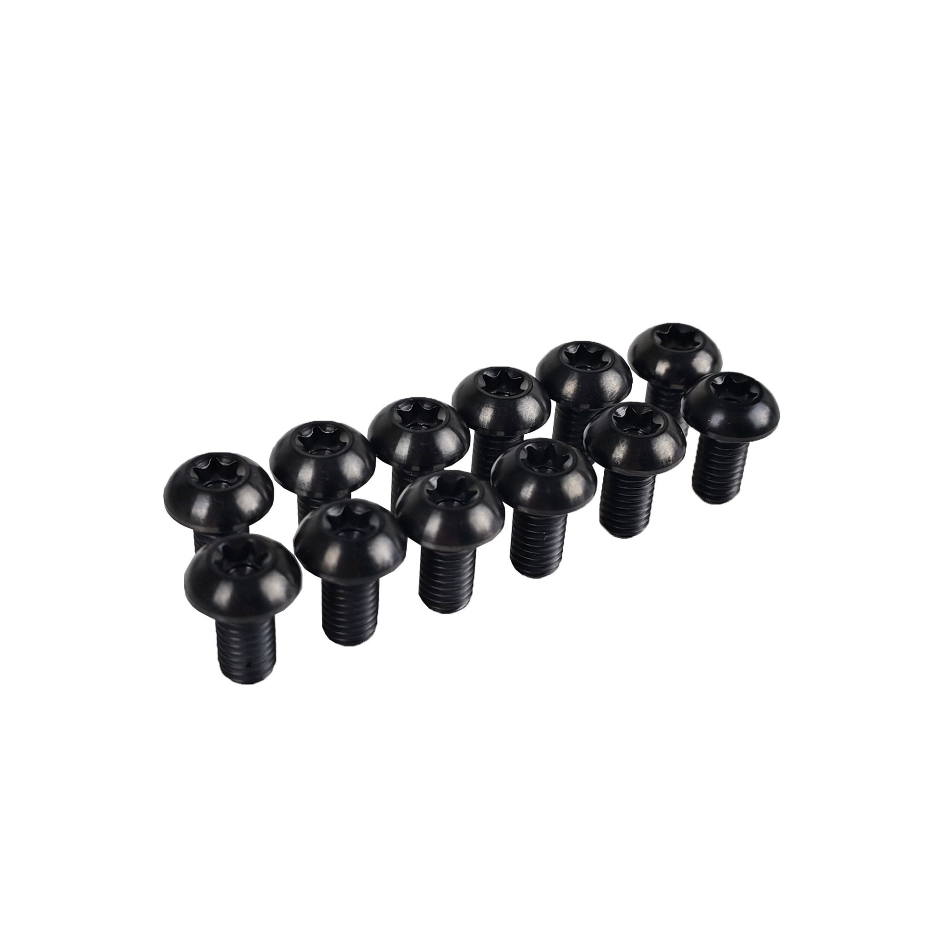 12 black rotor bolts on a white background