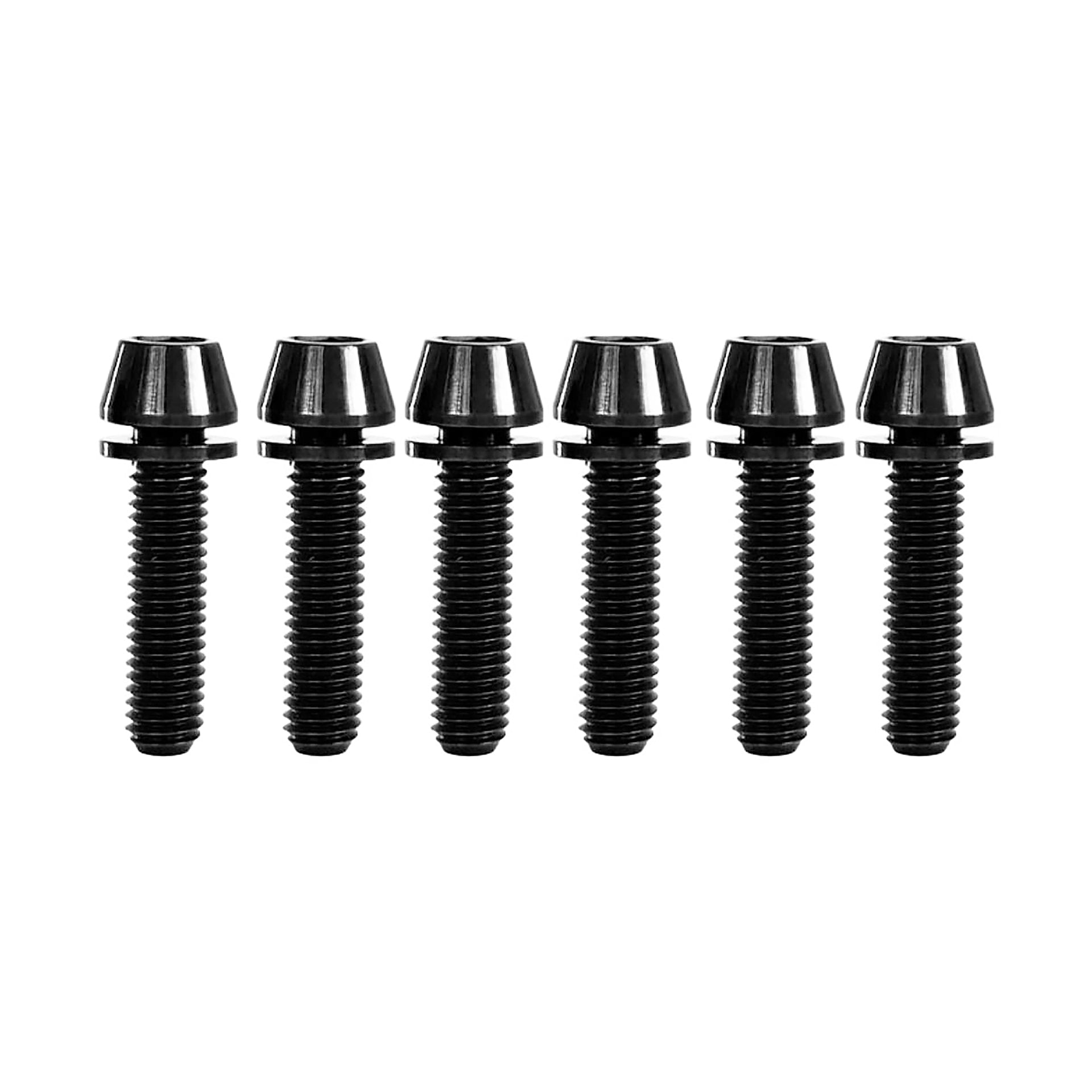 6 black m5x20mm taperhead titanium bolts on a white background