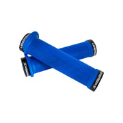 2 blue flange mountain bike grips with black lockrings and uberbike branding on a white background