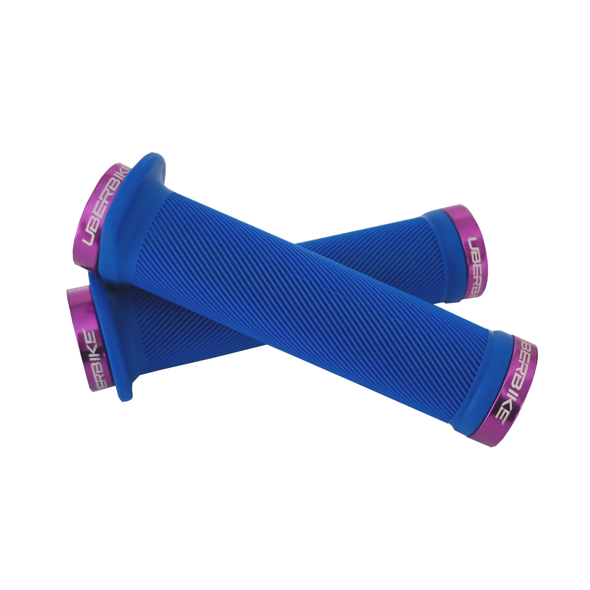 2 blue flange mountain bike grips with purple lockrings and uberbike branding on a white background