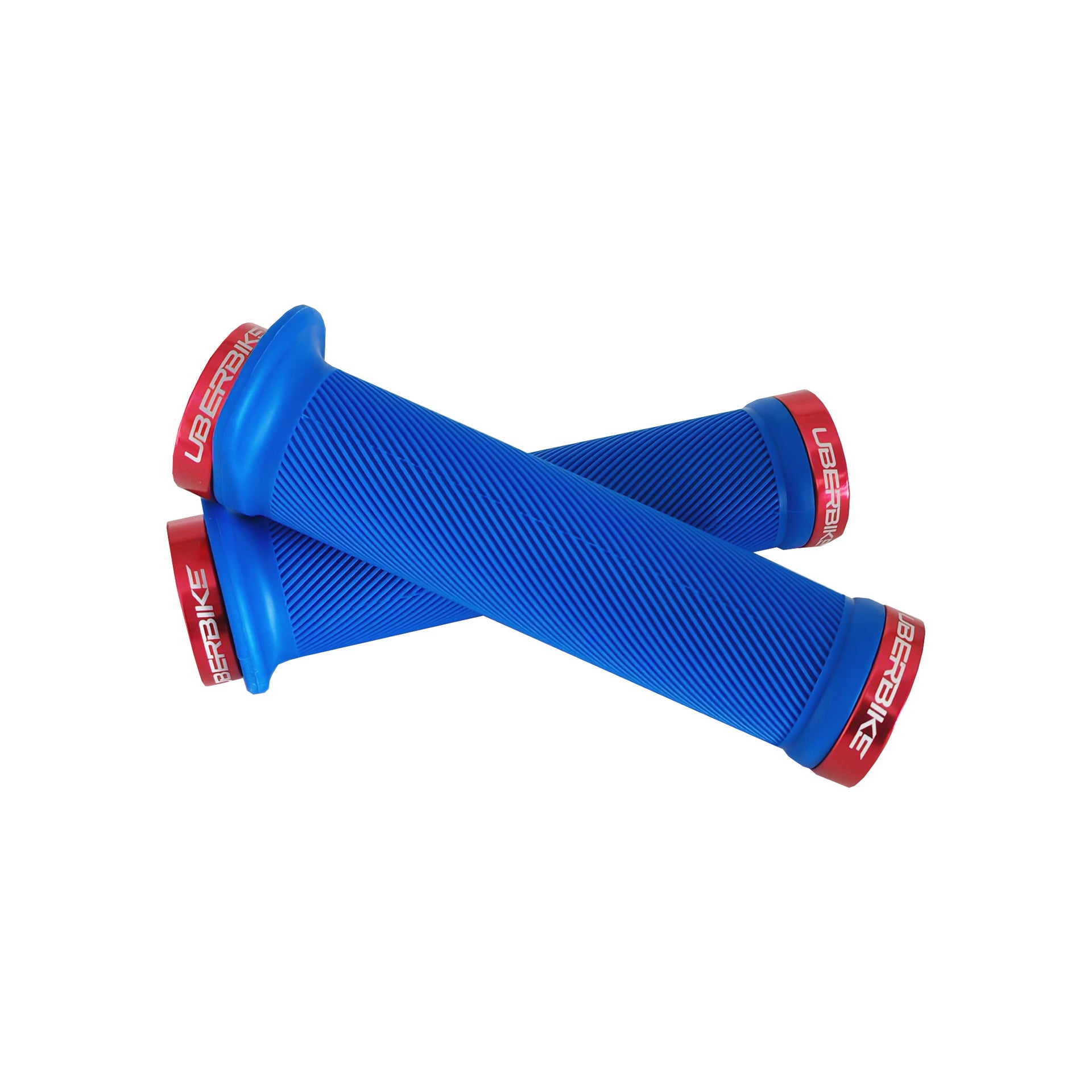 2 blue flange mountain bike grips with red lockrings and uberbike branding on a white background