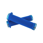 2 blue flange mountain bike grips with BLUE lockrings and uberbike branding on a white background