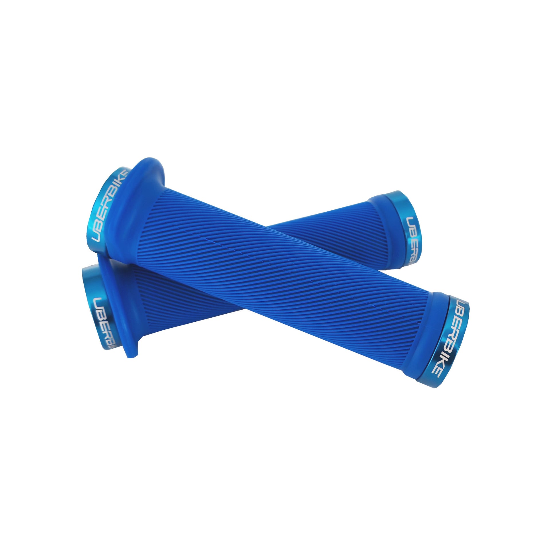 2 blue flange mountain bike grips with BLUE lockrings and uberbike branding on a white background