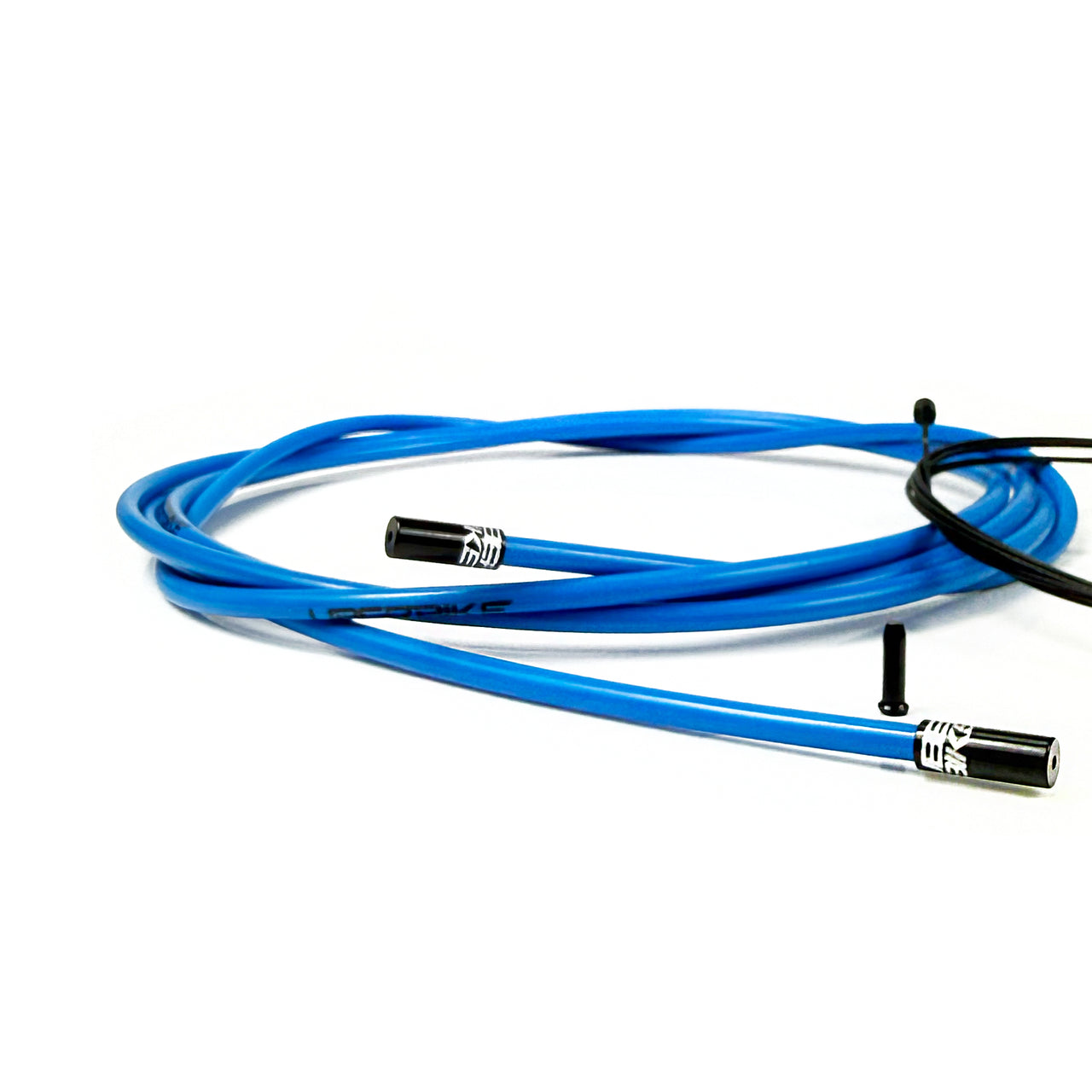 blue gear cable with black sealed ferrules on a white background