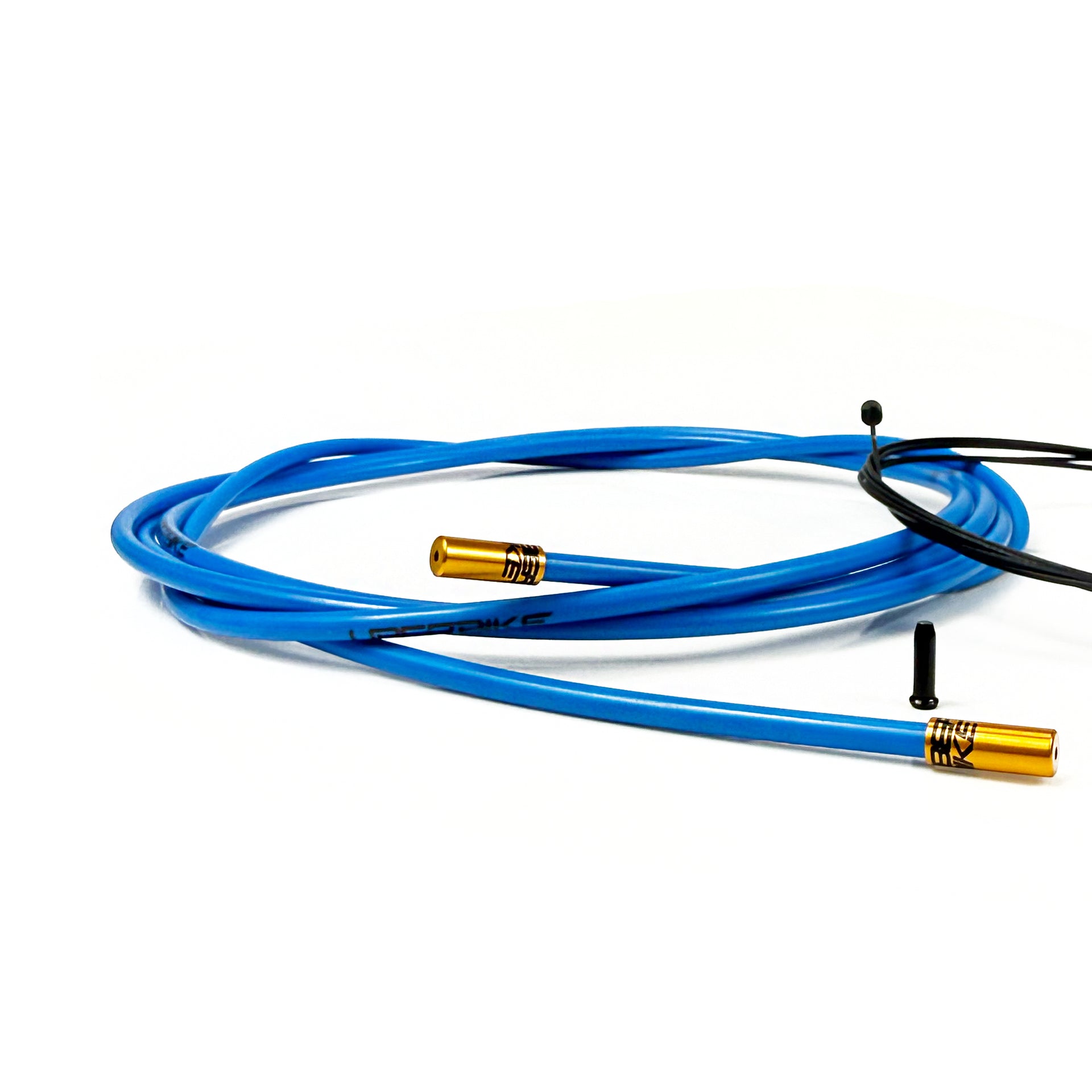 blue gear cable with gold sealed ferrules on a white background