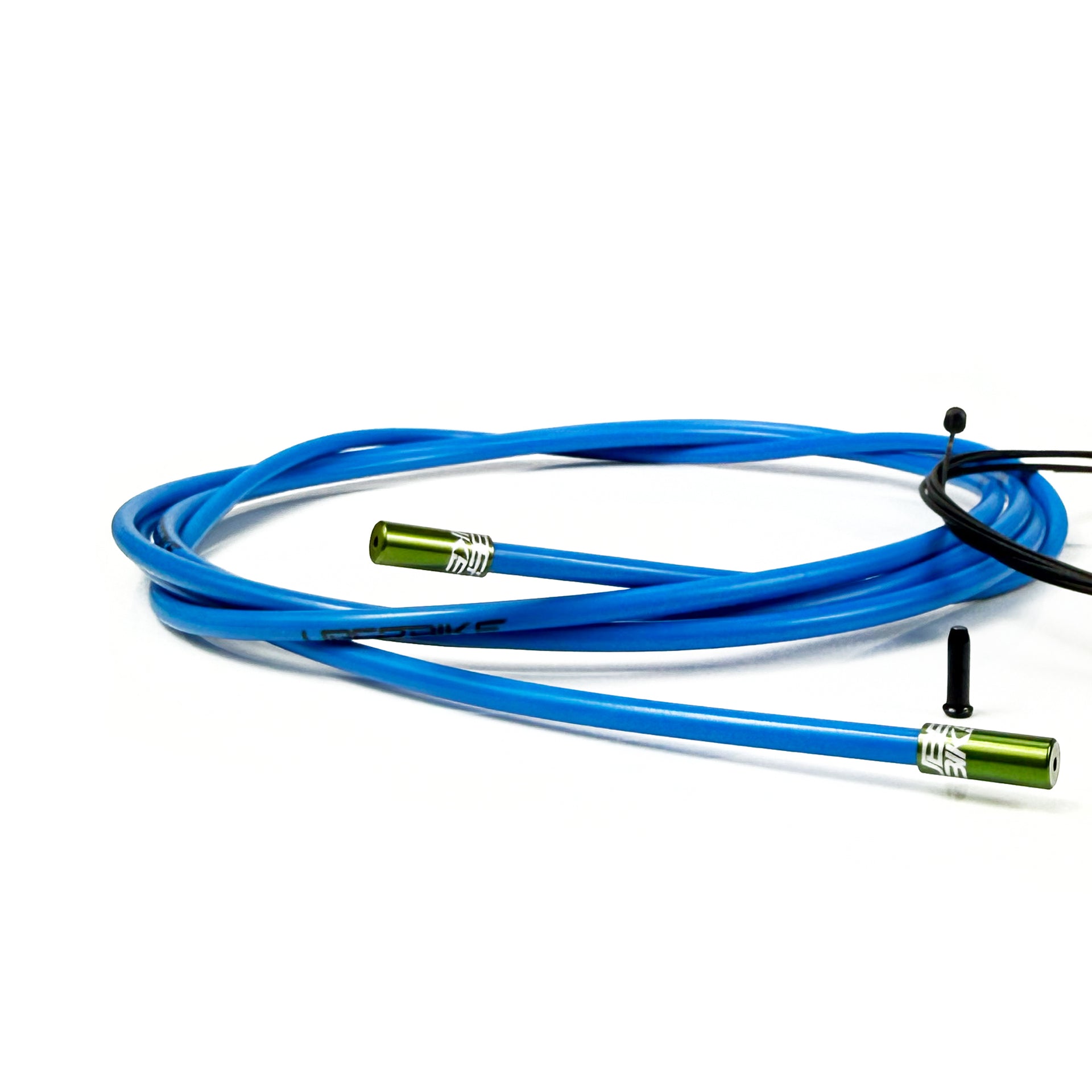 blue gear cable with khaki sealed ferrules on a white background