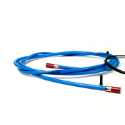 blue gear cable with red sealed ferrules on a white background