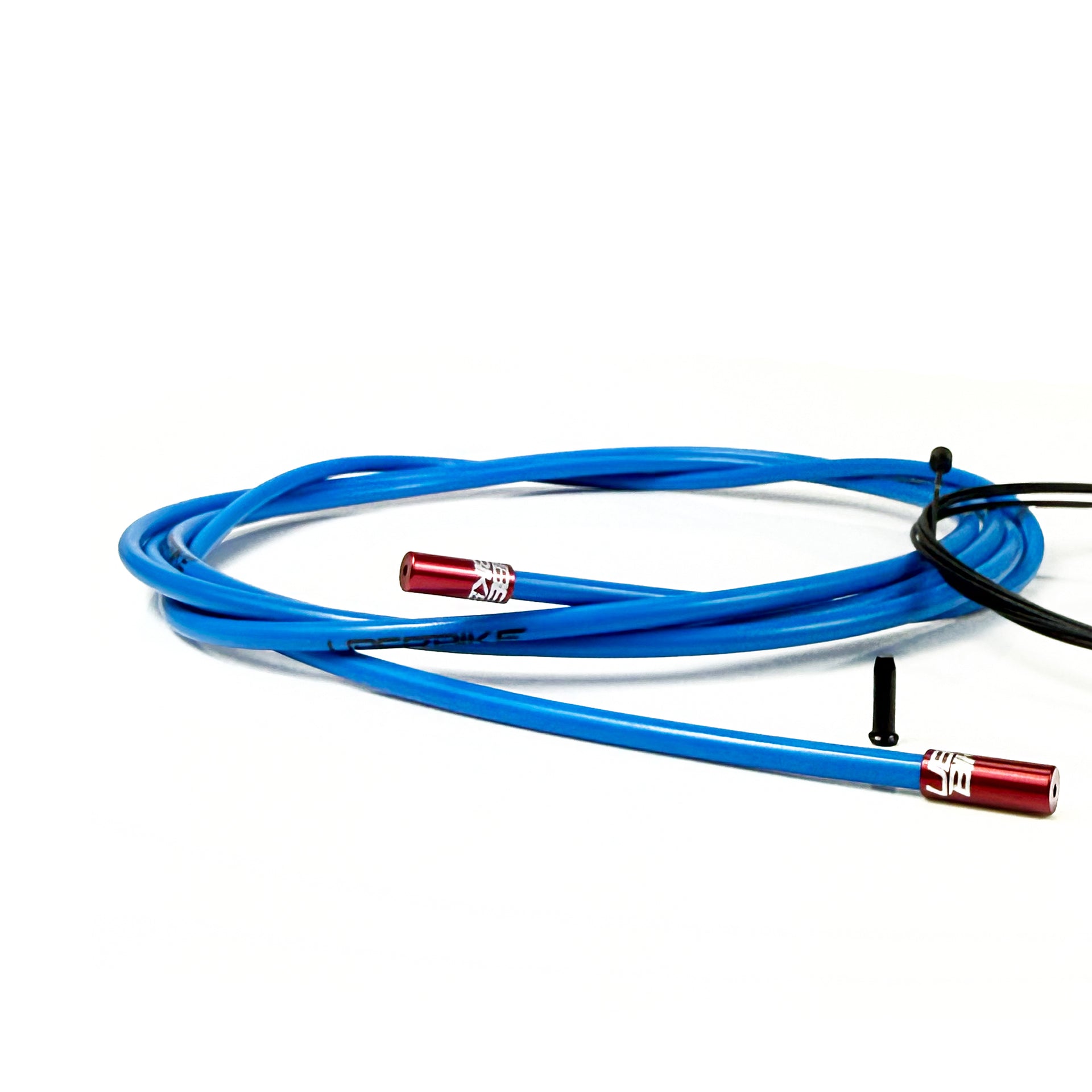 blue gear cable with red sealed ferrules on a white background