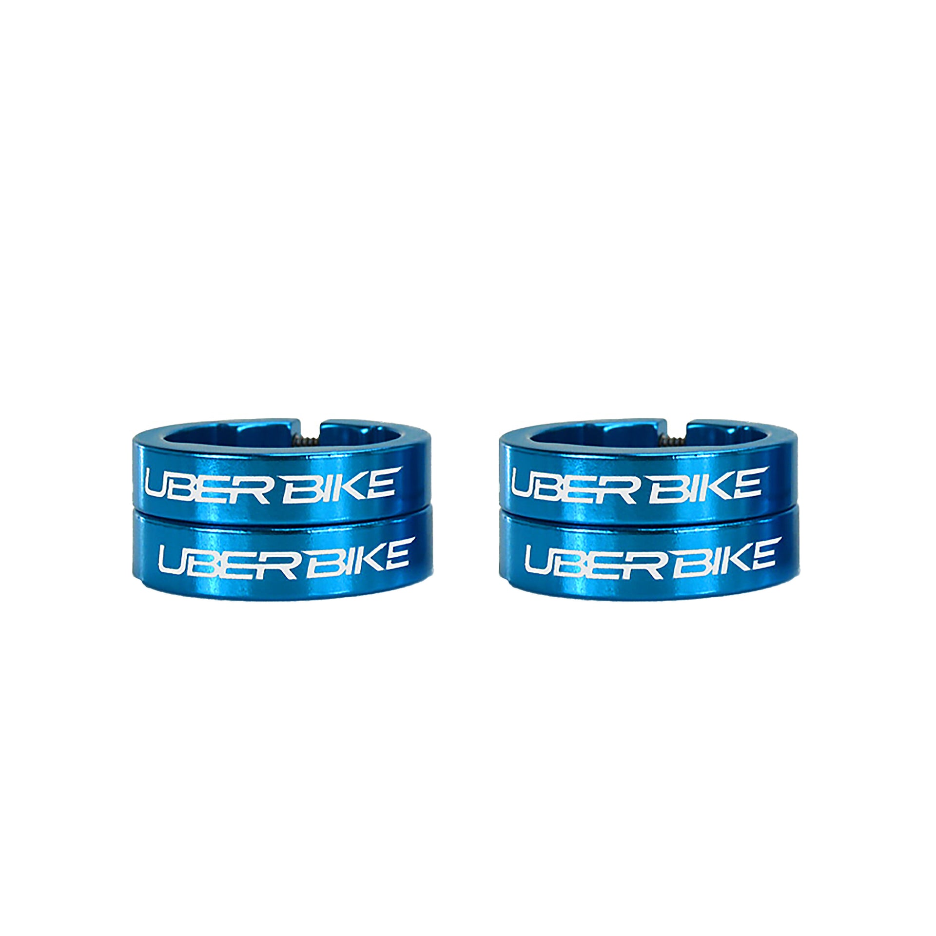Four blue bicycle lock on rings with 'UberBike' branding on a white background