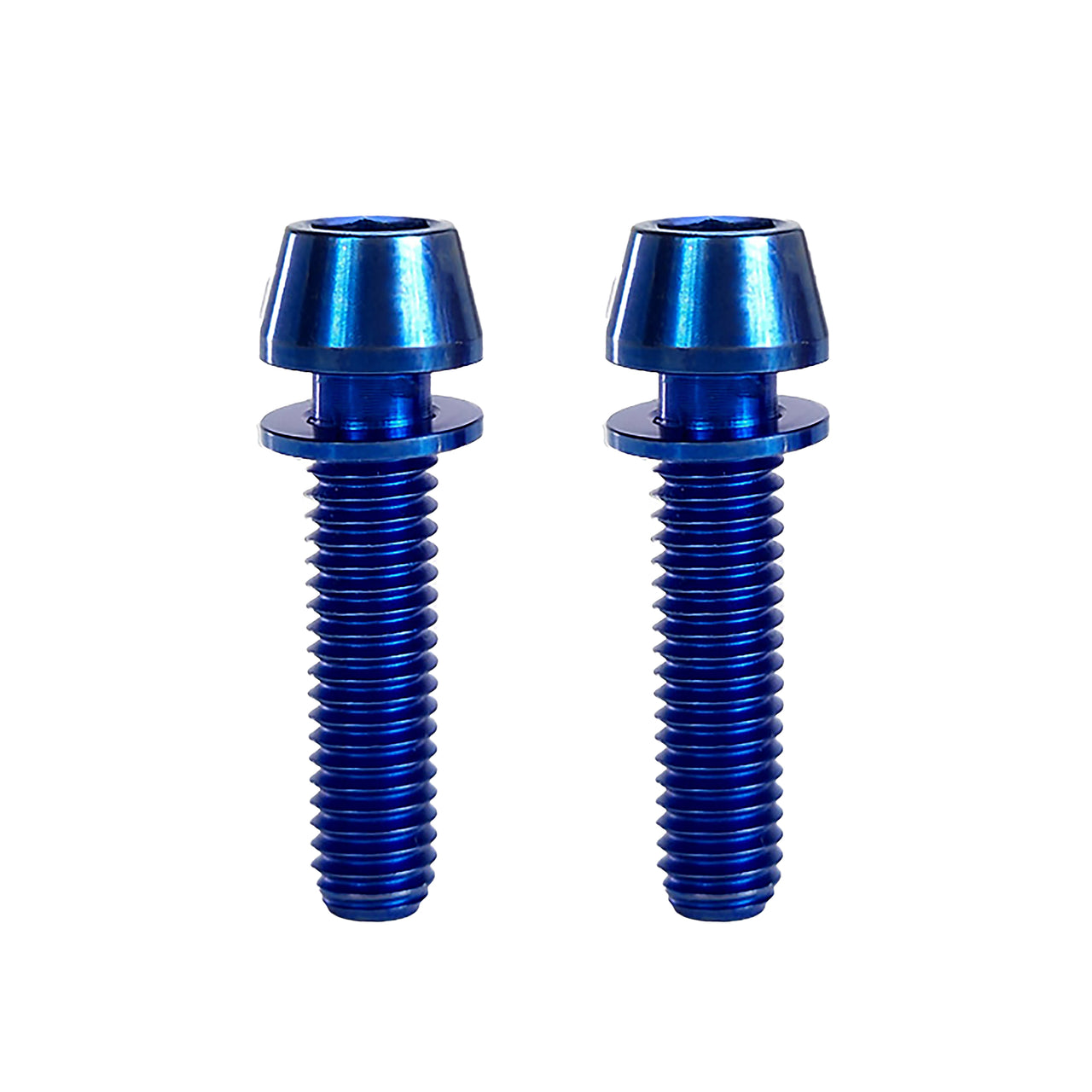 2 blue m6x25 taperhead  titanium bolts on a white background