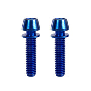 2 blue m6x25 taperhead  titanium bolts on a white background