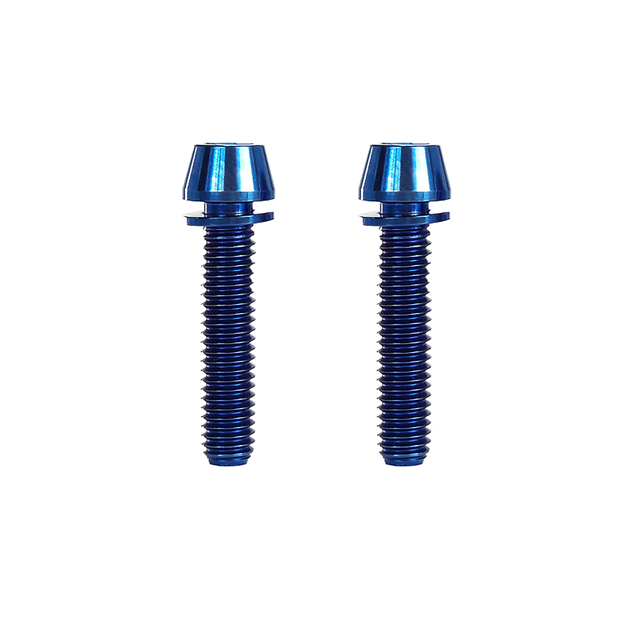 2 blue m6x28mm taperhead titanium bolts on a white background
