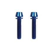 2 blue m6x28mm taperhead titanium bolts on a white background