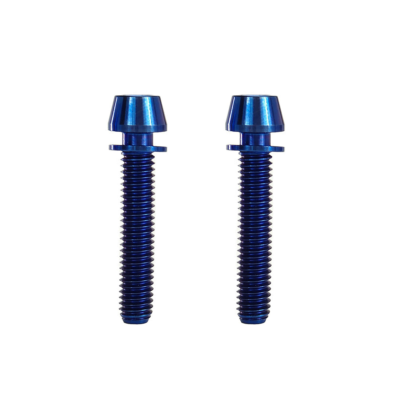 2 blue m6x32 taperhead  titanium bolts on a white background