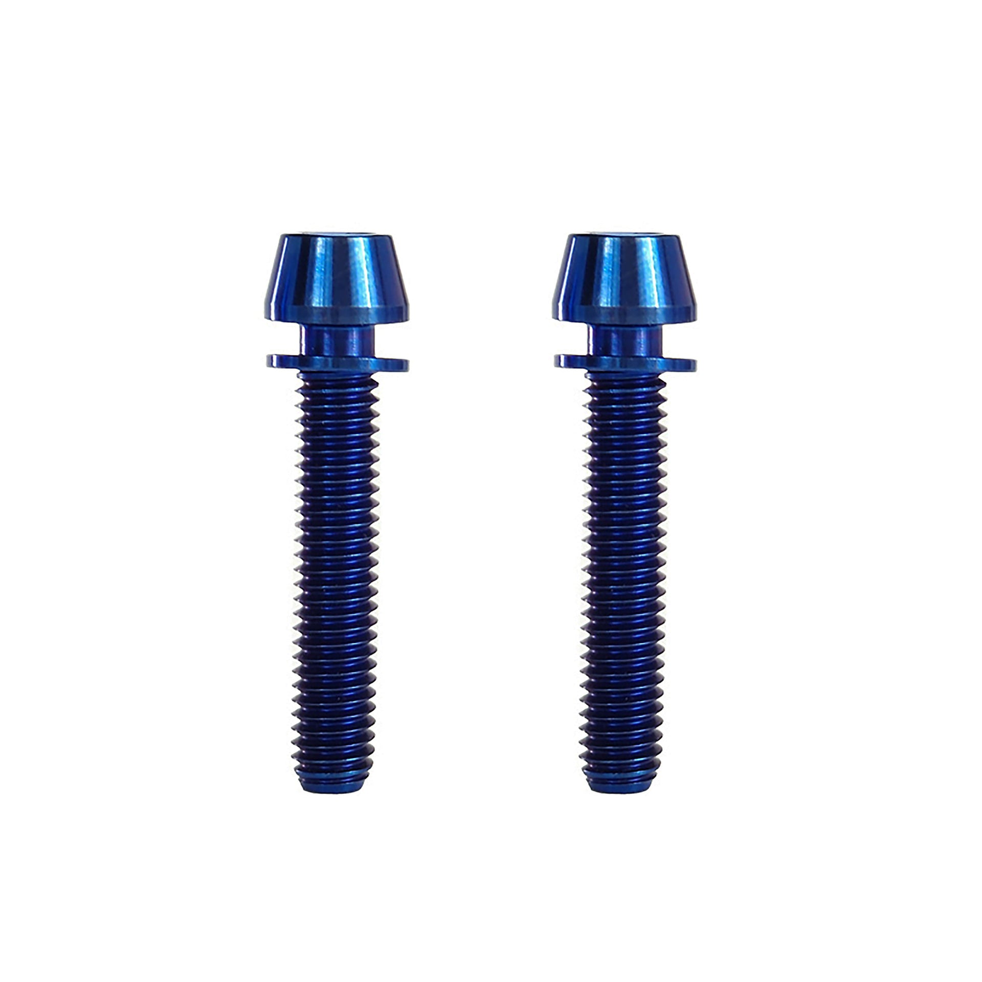 2 blue m6x32 taperhead  titanium bolts on a white background