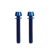 2 blue m6x38mm taperhead  titanium bolts on a white background