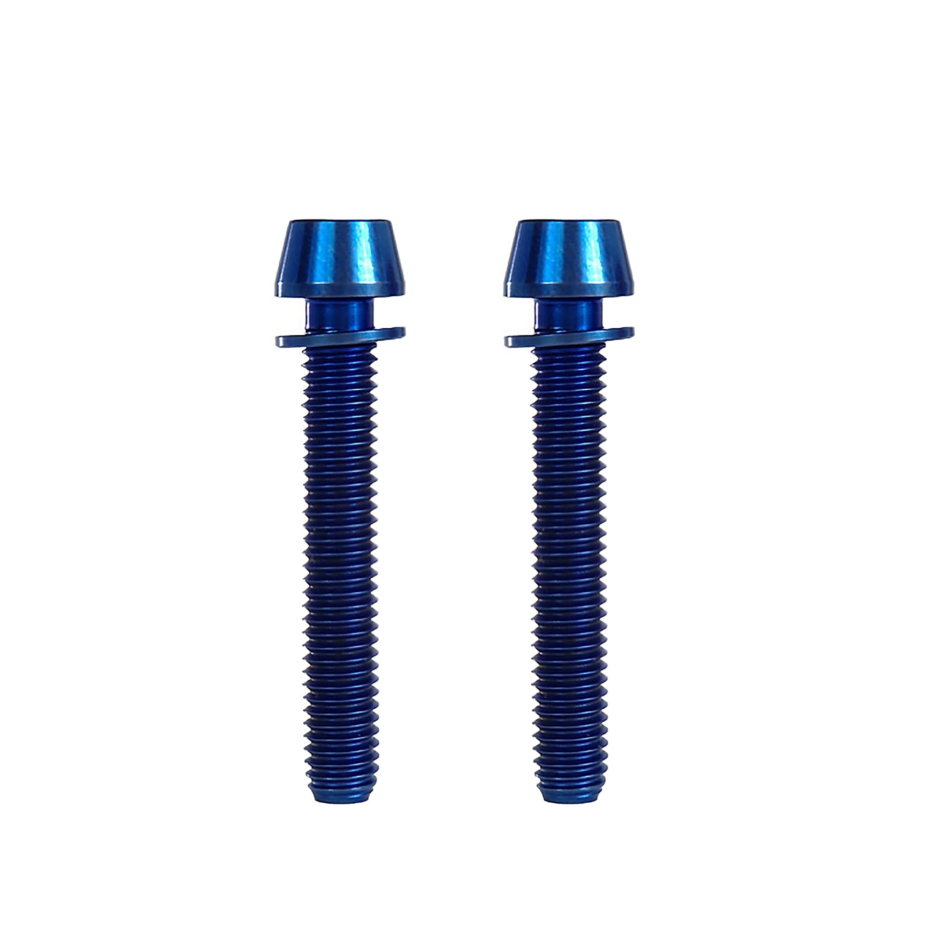 2 blue m6x38mm taperhead  titanium bolts on a white background