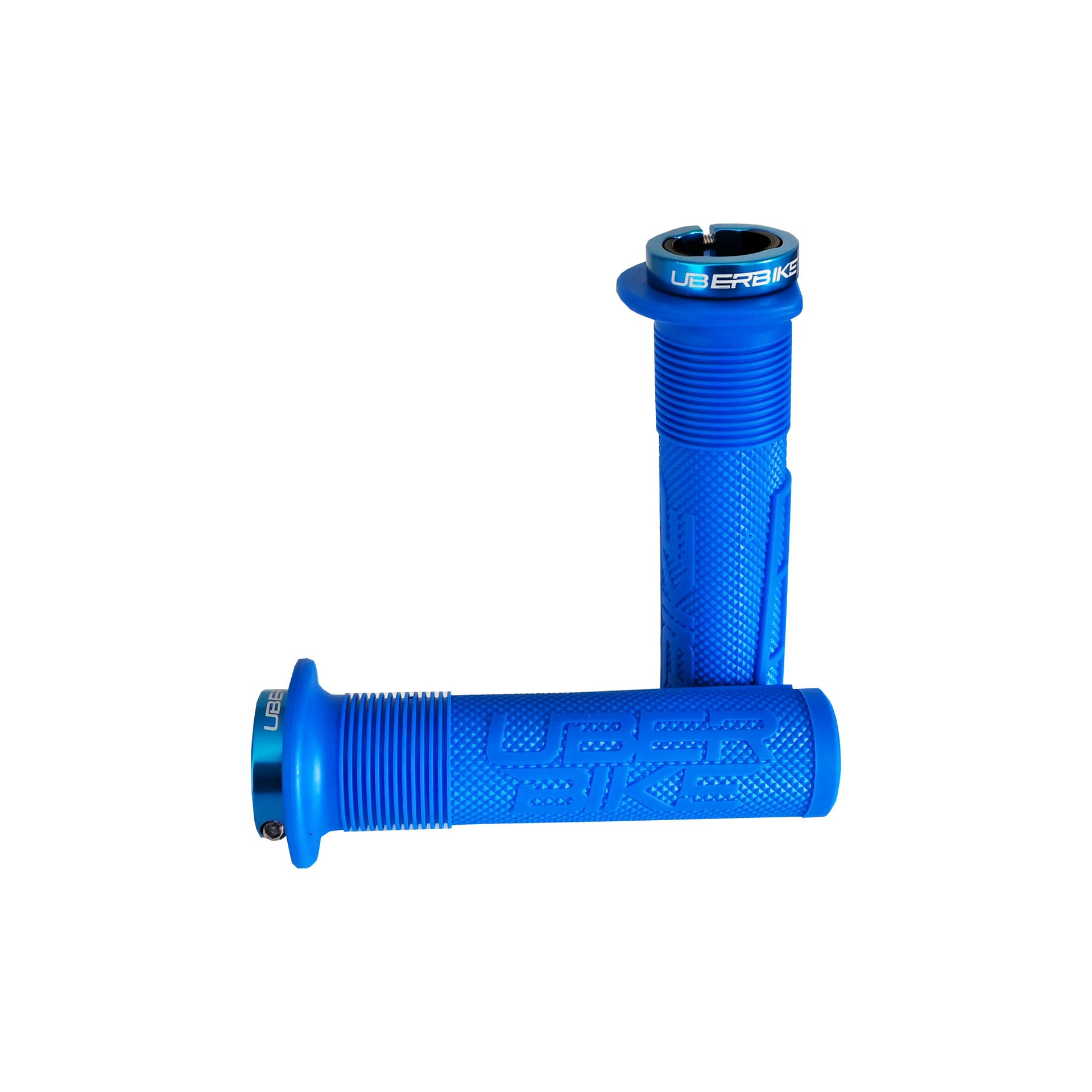 2 blue mushroom mountain bike grips with blue lockrings and uberbike branding on a white background