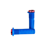 2 blue mushroom mountain bike grips with red lockrings and uberbike branding on a white background