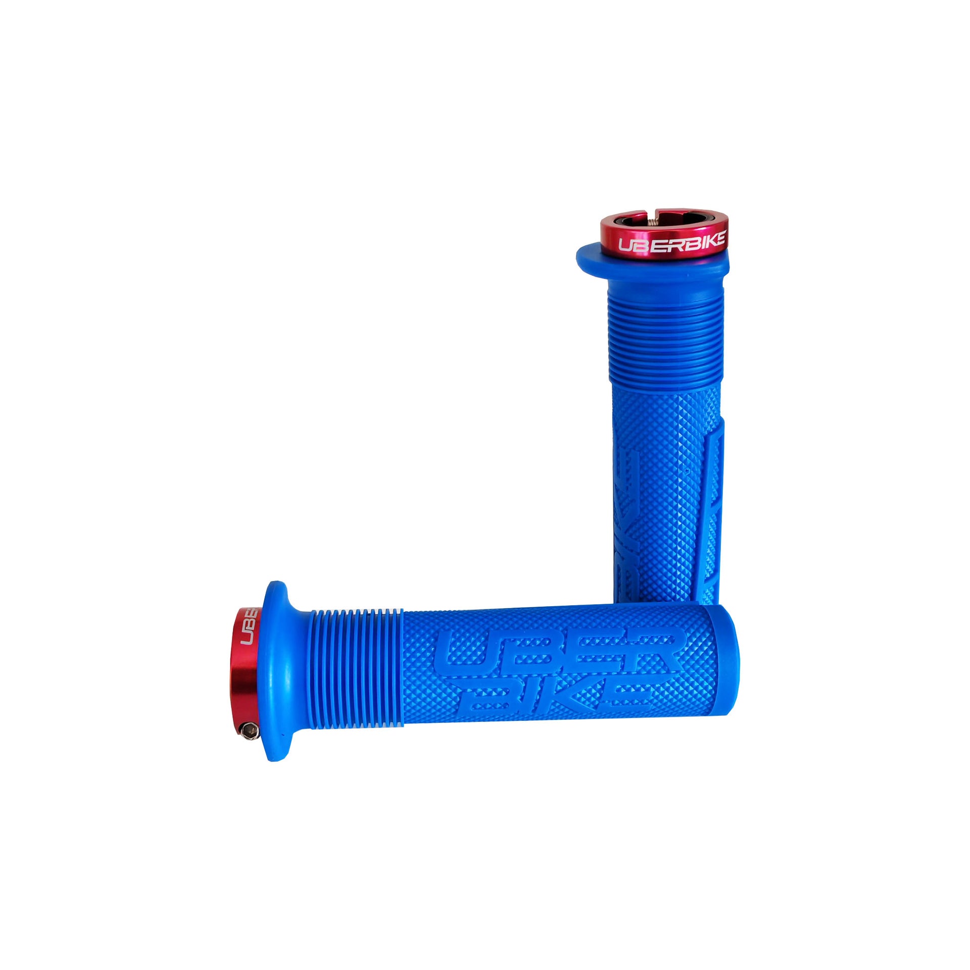 2 blue mushroom mountain bike grips with red lockrings and uberbike branding on a white background