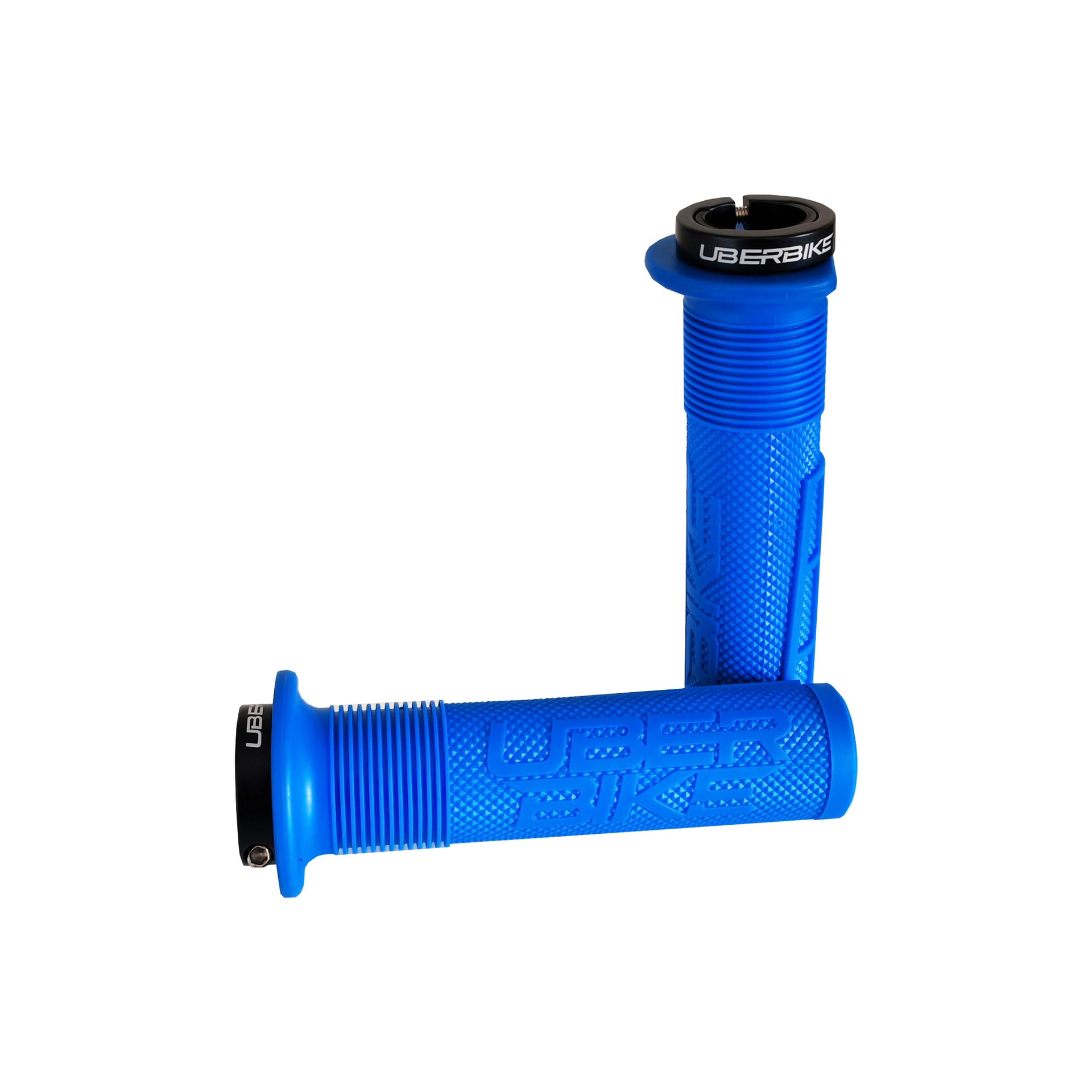 2 blue mushroom mountain bike grips with black lockrings and uberbike branding on a white background