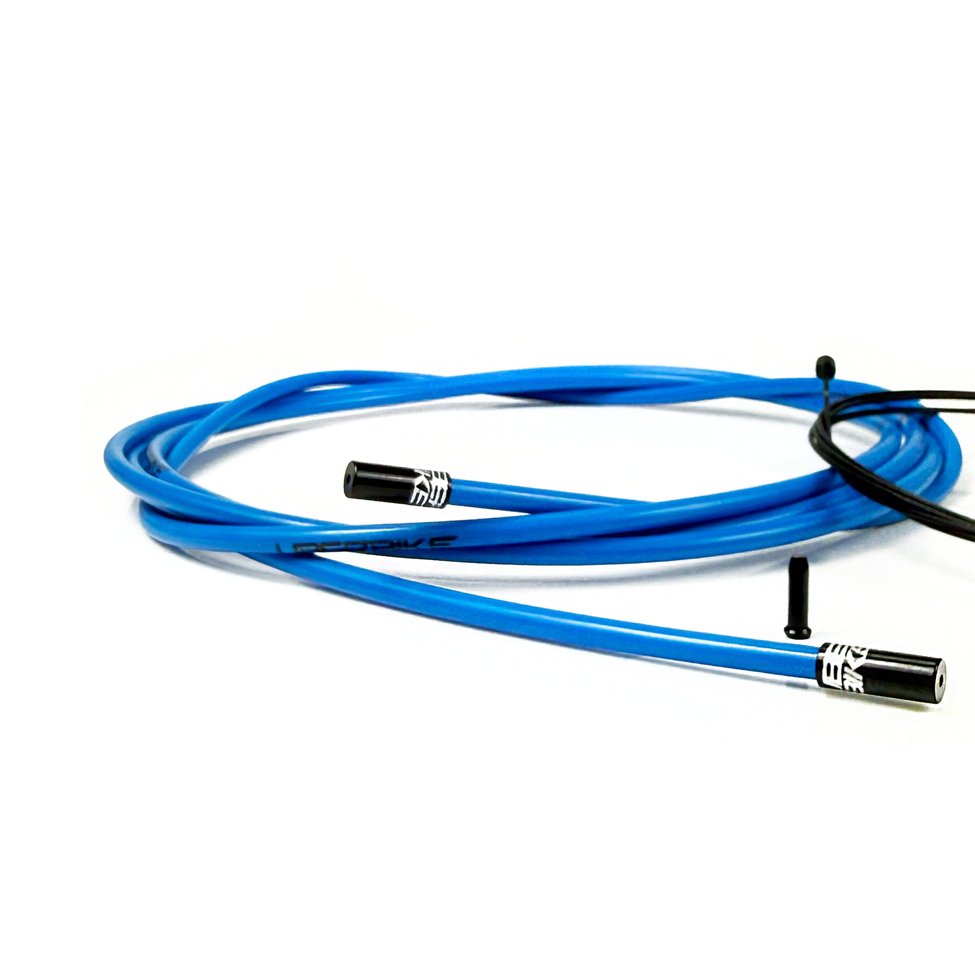 blue road gear cable with black sealed ferrules on a white background