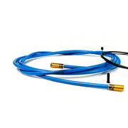 blue road gear cable with gold sealed ferrules on a white background