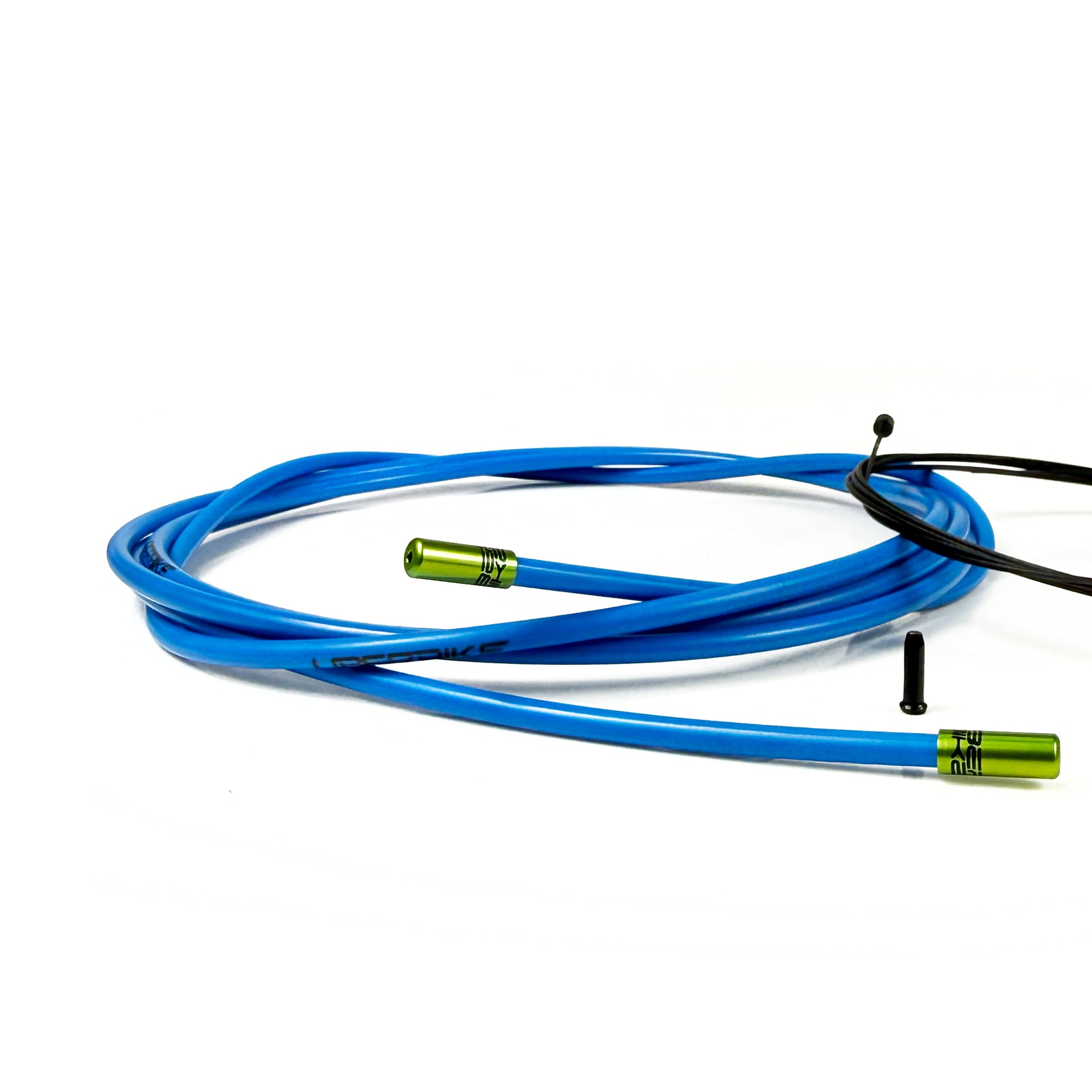 blue road gear cable with green sealed ferrules on a white background
