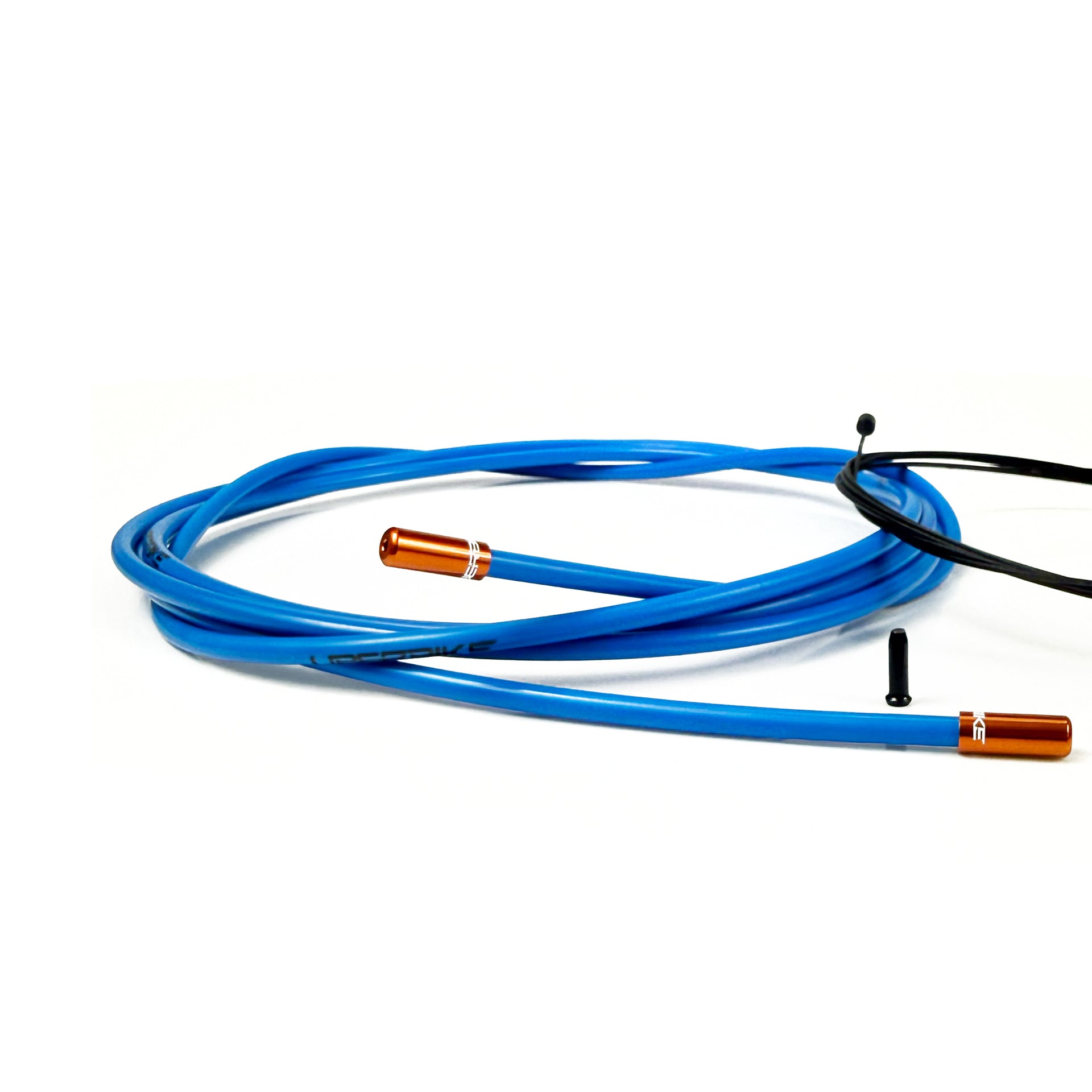 blue road gear cable with orange sealed ferrules on a white background