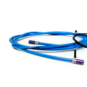 blue road gear cable with purple sealed ferrules on a white background