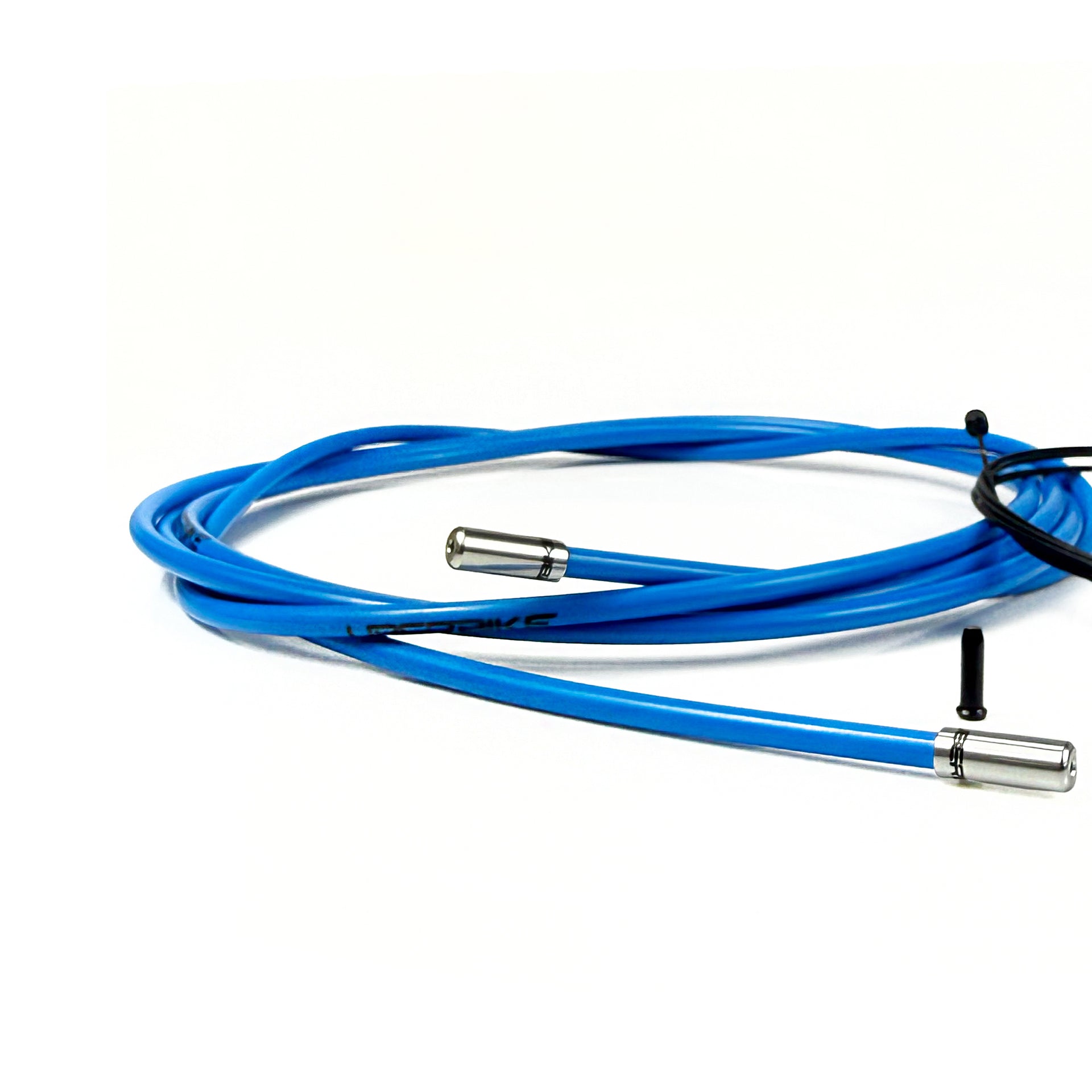 blue road gear cable with silver sealed ferrules on a white background