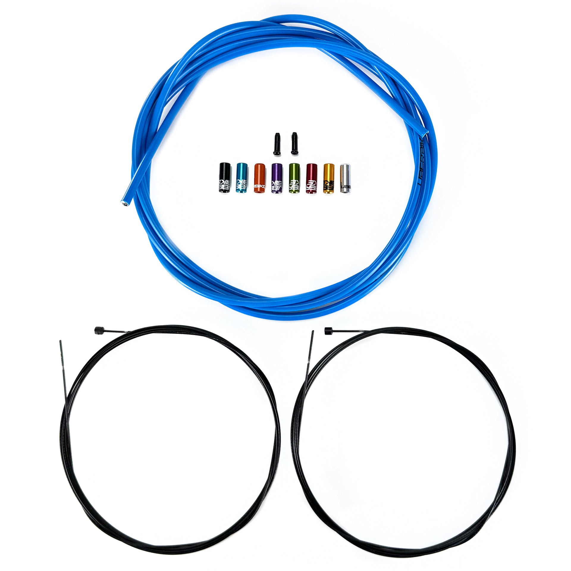 Road gear cable kit in blue with sealed ferrules and gear inner wire on a white background