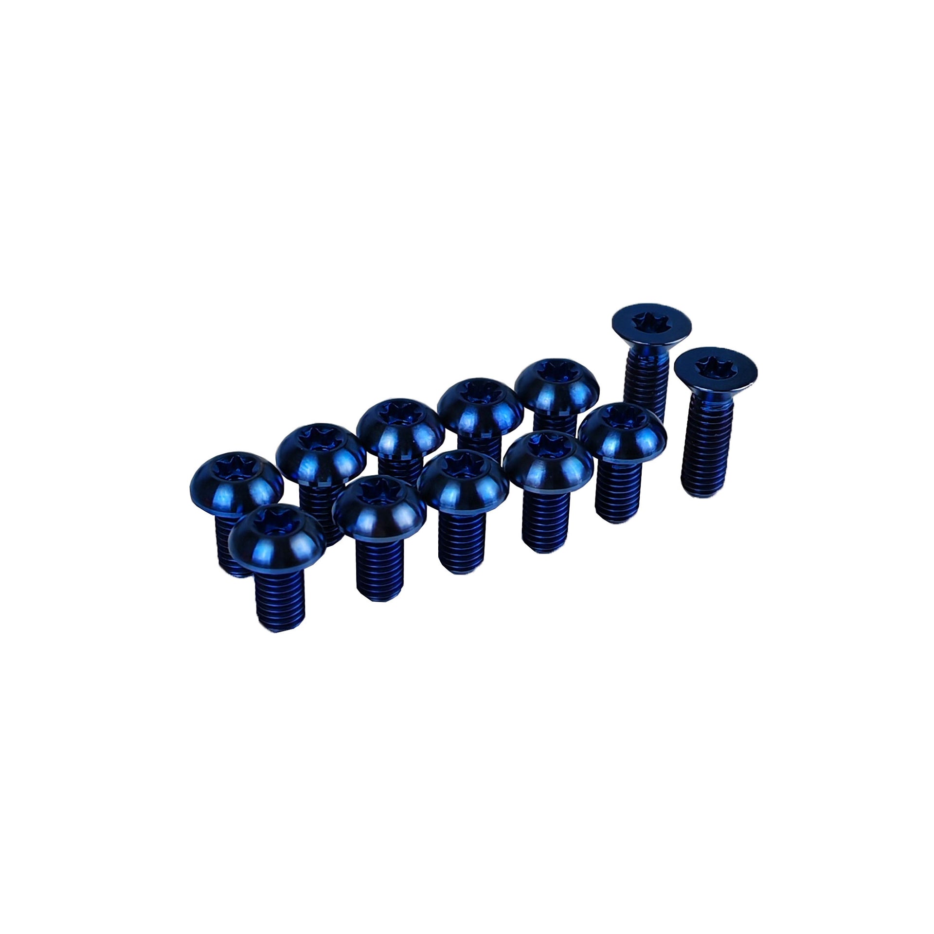 12 blue rotor bolts for a levo set up  on a white background