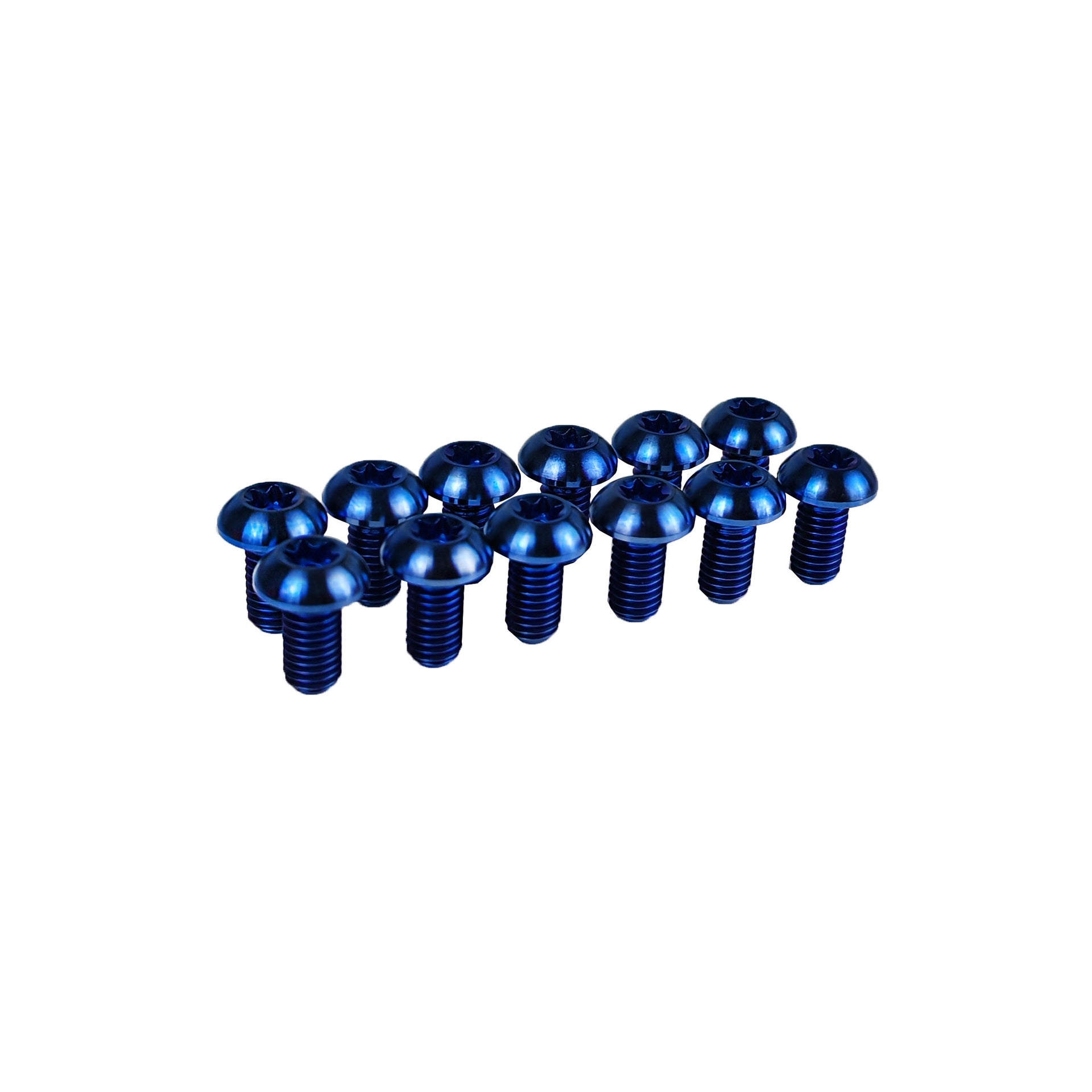 12 blue rotor bolts on a white background