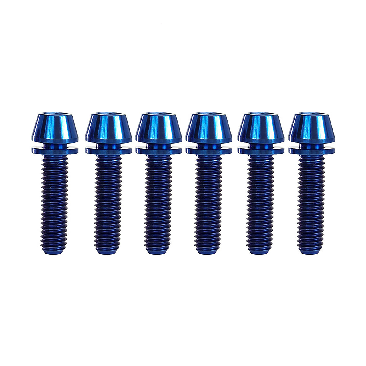 6 blue m5x20mm taperhead titanium bolts on a white background