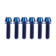 6 blue m5x20mm taperhead titanium bolts on a white background
