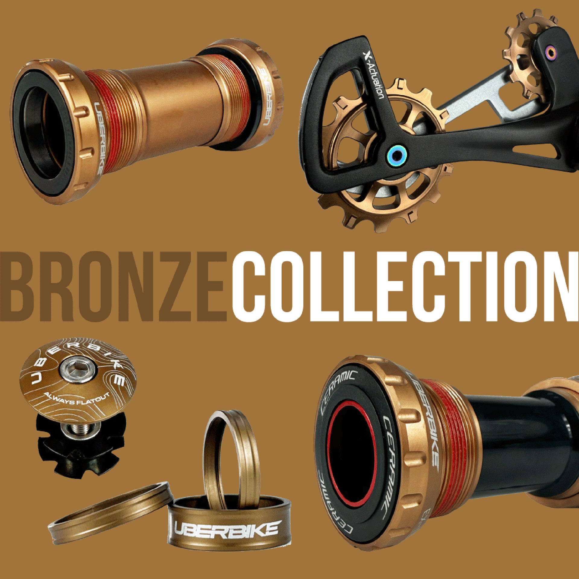 Bicycle components with 'Bronze Collection' text on a bronze background