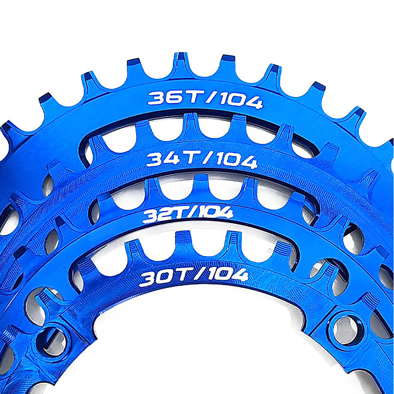 Blue bicycle chainring with multiple tooth counts on a white background